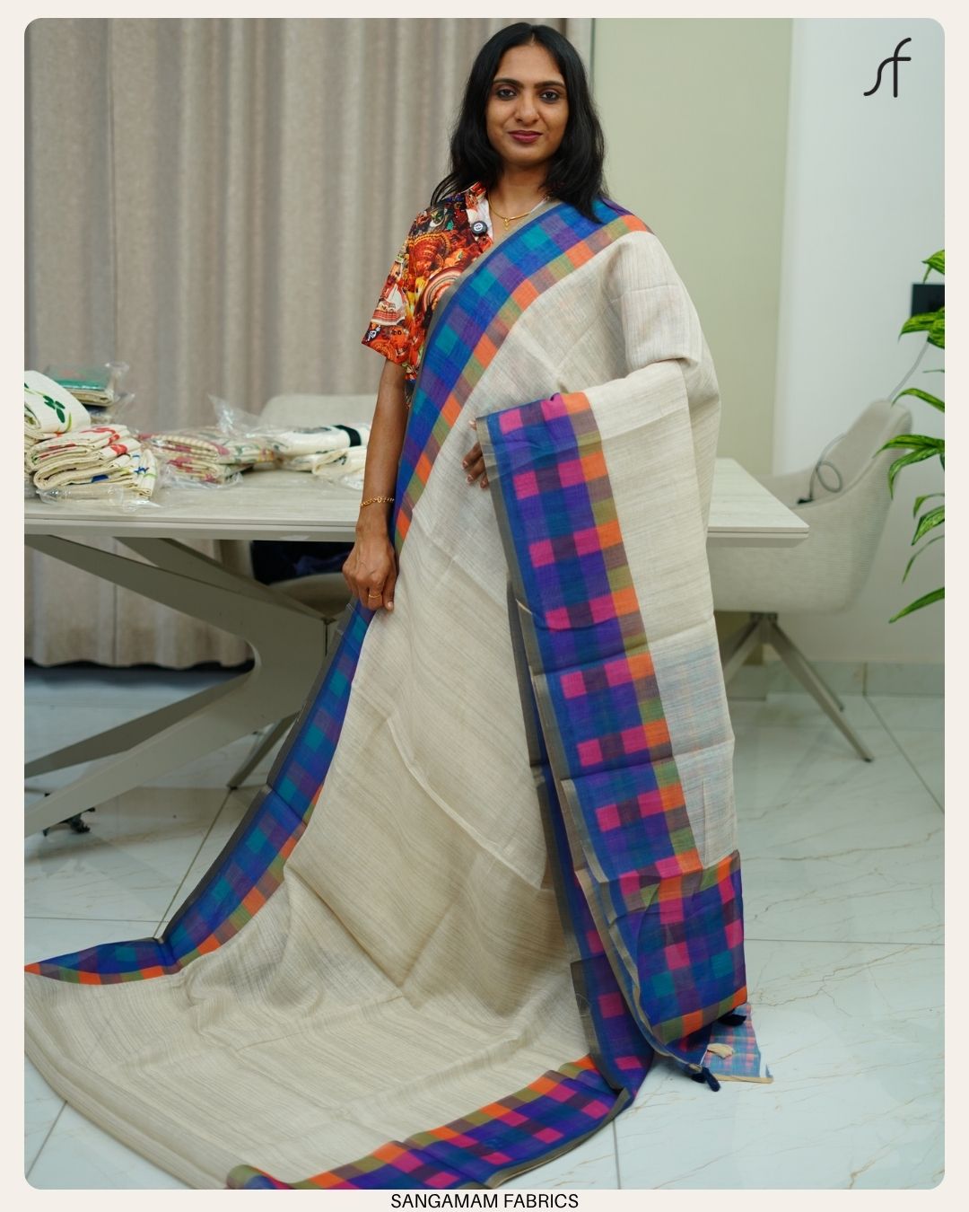MADRAS CHECK DETAILED SEMI LINEN SAREE