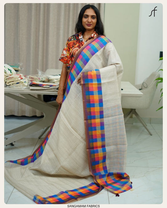 MADRAS CHECK DETAILED SEMI LINEN SAREE