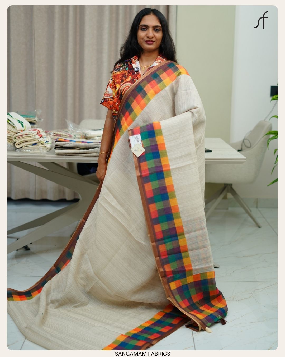 MADRAS CHECK DETAILED SEMI LINEN SAREE