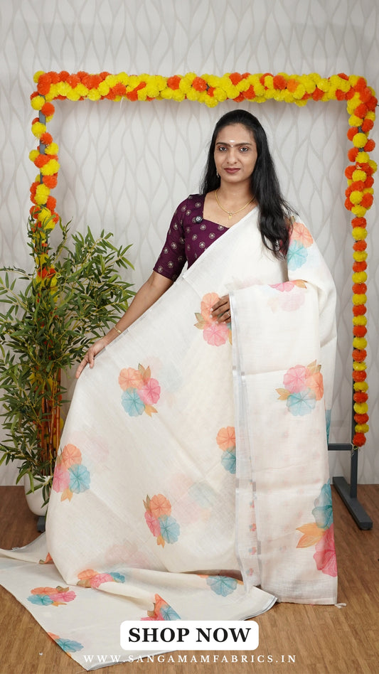 SEMI LINEN DIGITAL FLORAL PRINTED SAREE