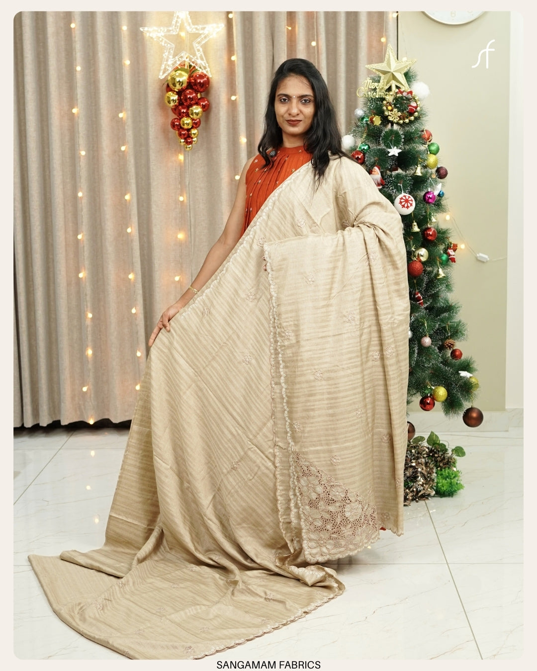 SEMI TUSSAR SILK EMBROIDERY CUTWORK DETAILED SAREE