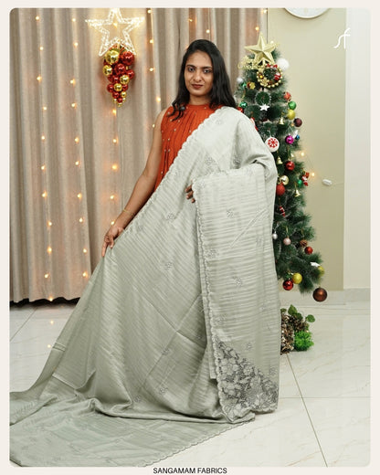 SEMI TUSSAR SILK EMBROIDERY CUTWORK DETAILED SAREE