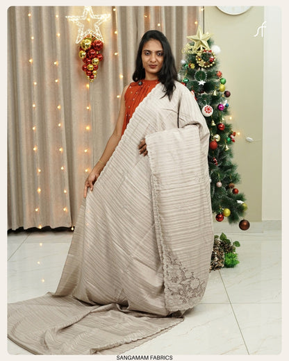 SEMI TUSSAR SILK EMBROIDERY CUTWORK DETAILED SAREE