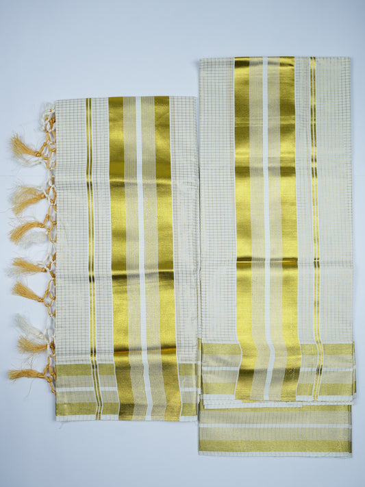 KERALA GOLDEN KASAV CHECK PATTERN SETMUNDU 2.80 Meter