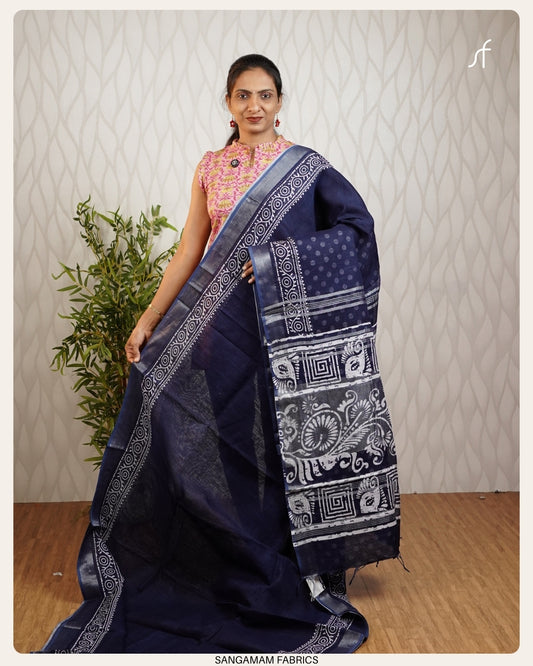 BLOCK PRINTED SEMI LINEN  SAREE