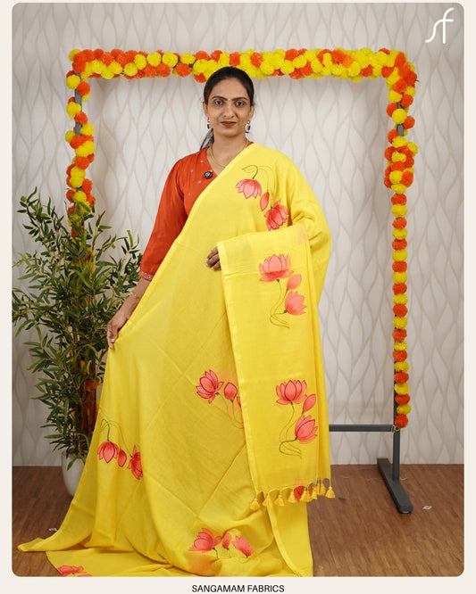 LOTUS MOTIF HAND PAINTED MUL COTTON SAREE