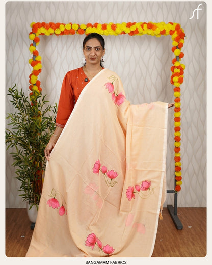 LOTUS MOTIF HAND PAINTED MUL COTTON SAREE