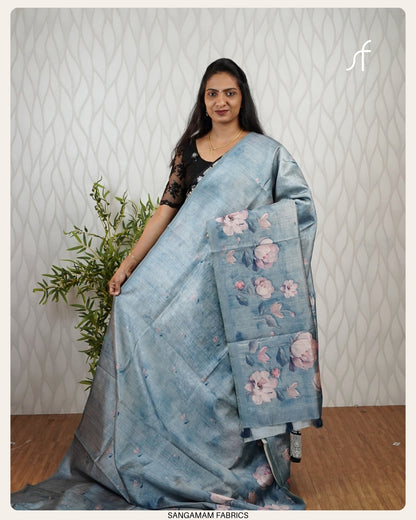 CRUSHED SEMI TUSSAR SILK FLORAL SAREE