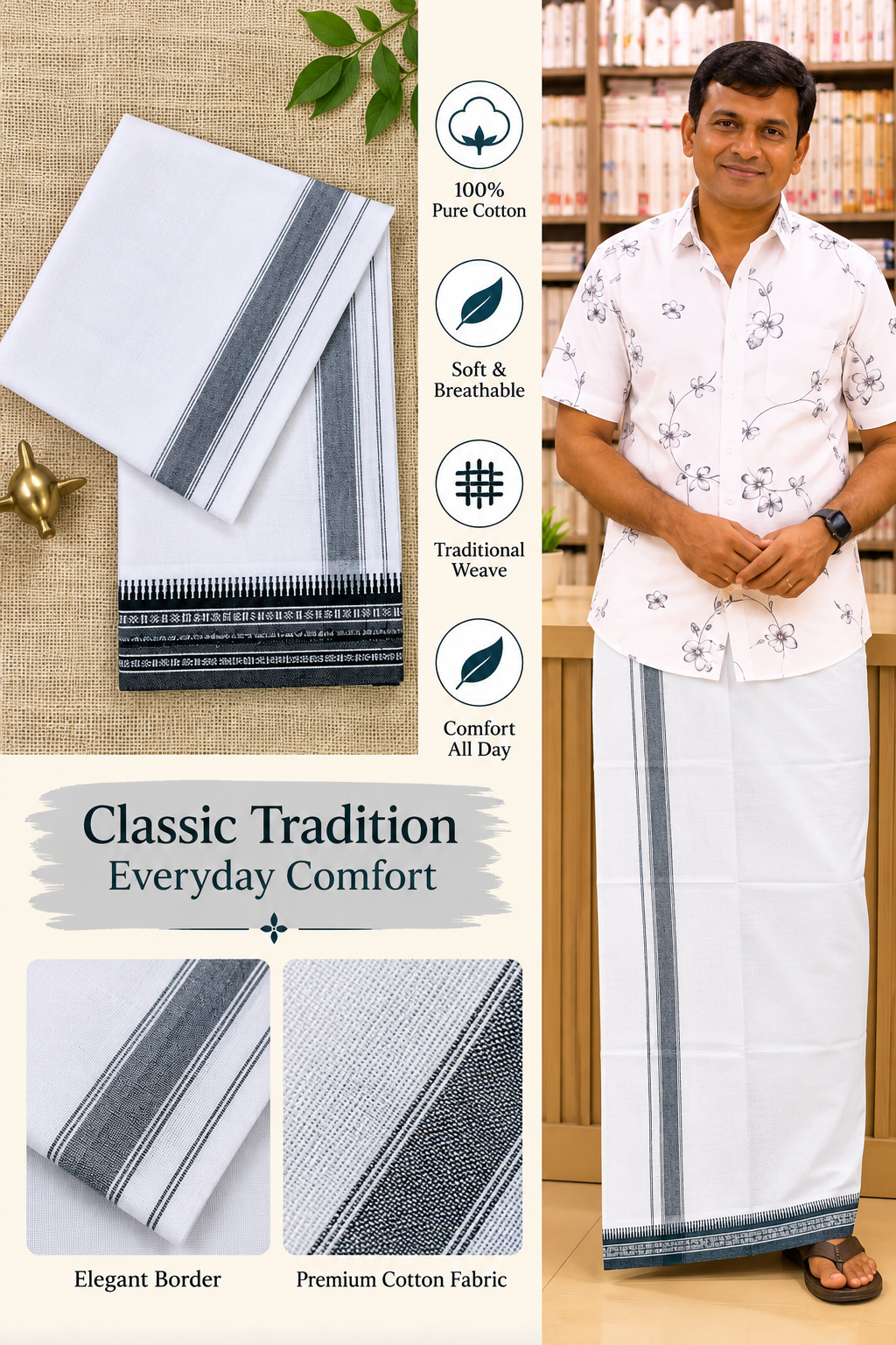 WHITE KUPPADAM DARK GREEN BORDER SINGLE