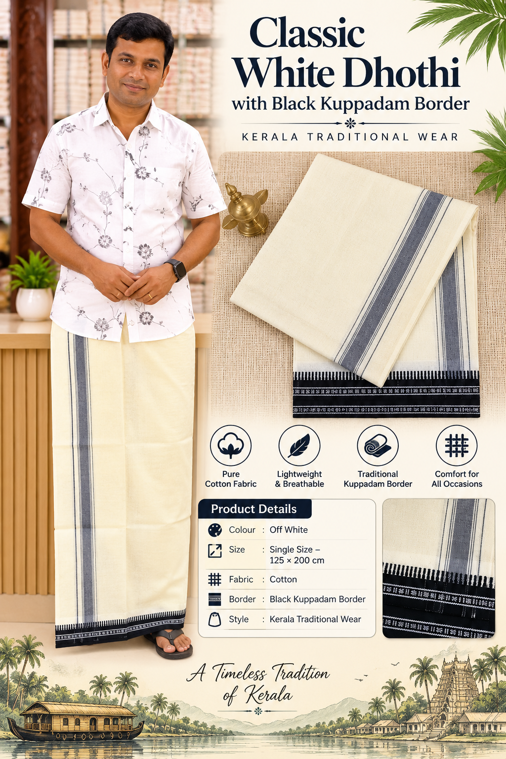 CREAM (OFF WHITE) KUPPADAM BLACK BORDER SINGLE
