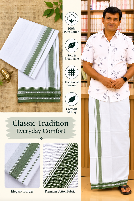 WHITE KUPPADAM OLIVE GREEN BORDER SINGLE