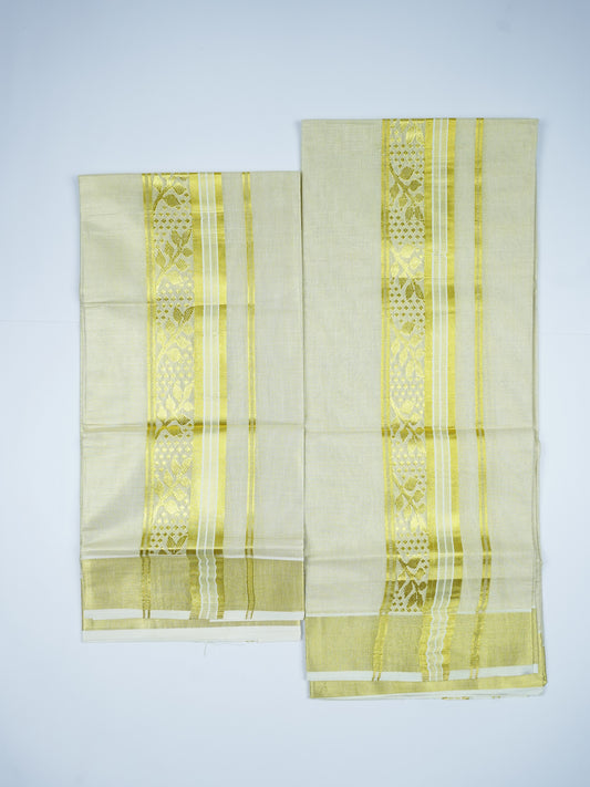 KERALA GOLDEN KASAV TISSUE JACQUARD WORK SETMUNDU 2.80 Meter
