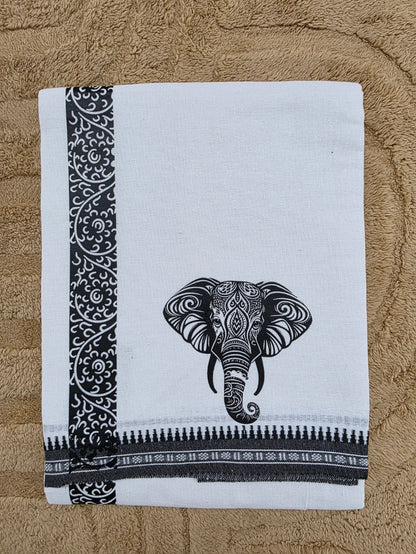 ELEPHANT PRINTED KARA WHITE COTTON MUNDU