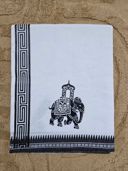 ELEPHANT PRINTED KARA WHITE COTTON MUNDU
