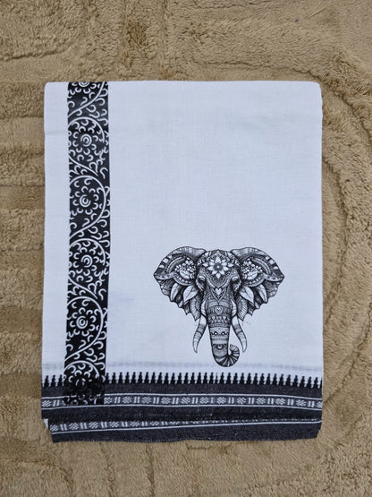 ELEPHANT PRINTED KARA WHITE COTTON MUNDU