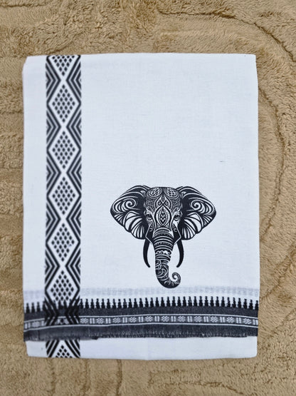 ELEPHANT PRINTED KARA WHITE COTTON MUNDU