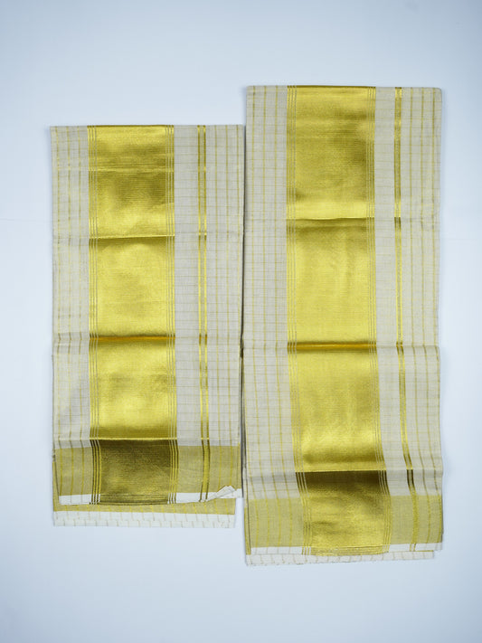 KERALA GOLDEN TISSUE CHECK PATTERN SETMUNDU 2.80 Meter