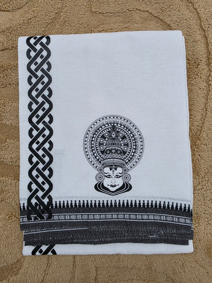 KATHAKALI PRINTED KARA WHITE COTTON MUNDU