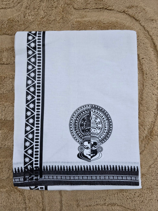 KATHAKALI PRINTED KARA WHITE COTTON MUNDU