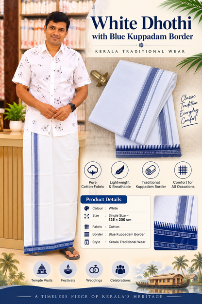 WHITE KUPPADAM BLUE BORDER SINGLE