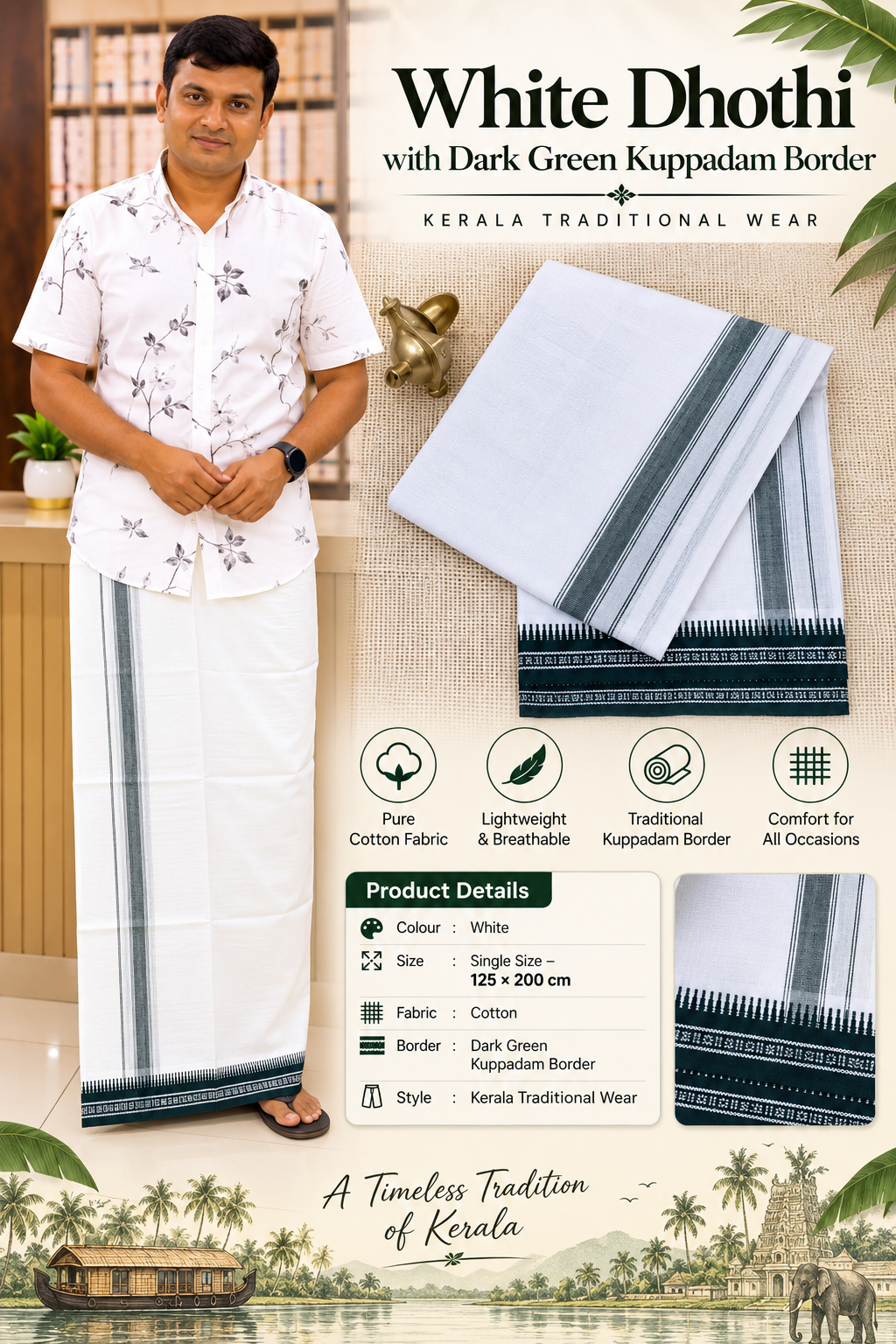 WHITE KUPPADAM DARK GREEN BORDER SINGLE