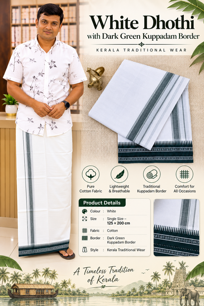 WHITE KUPPADAM DARK GREEN BORDER SINGLE