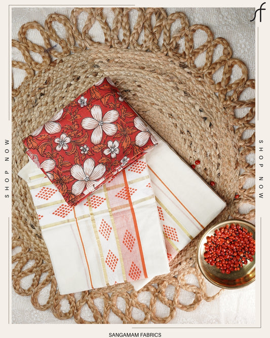 KERALA COTTON SET MUNDU WITH PRINTED BLOUSE
