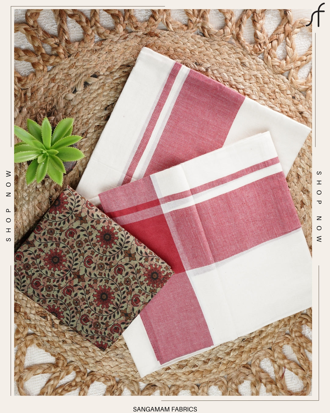 MULLOTH PLAIN KARA SET MUNDU WITH PRINTED BLOUSE