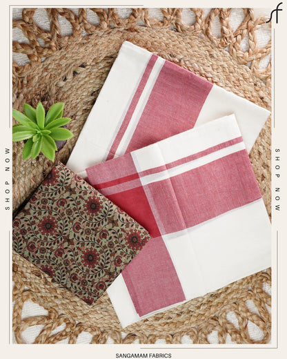 MULLOTH PLAIN KARA SET MUNDU WITH PRINTED BLOUSE