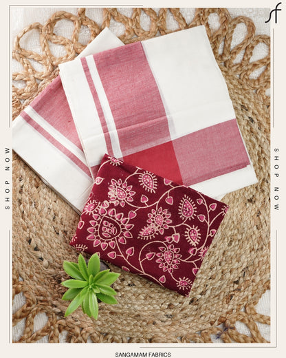 MULLOTH PLAIN KARA SET MUNDU WITH PRINTED BLOUSE