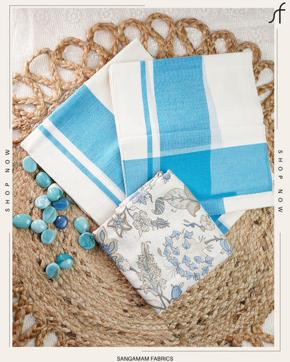 MULLOTH PLAIN KARA SETMUNDU WITH PRINTED BLOUSE