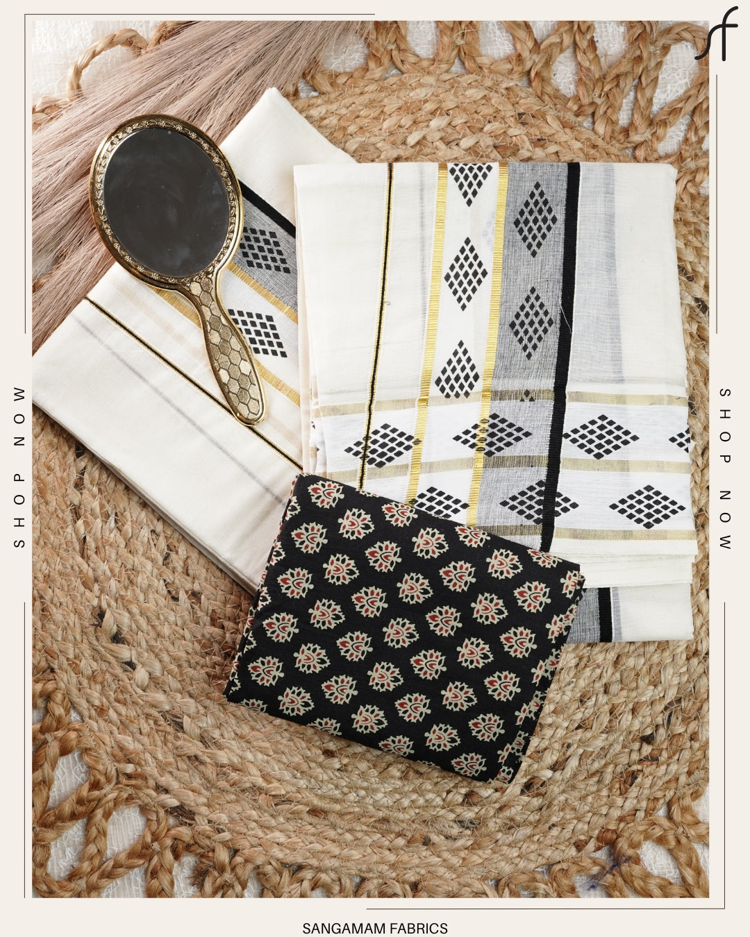 BLACK PRINTED KERALA COTTON SET MUNDU WITH PRINTED BLOUSE