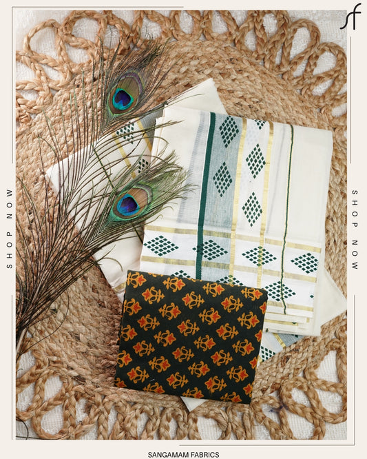 PRINTED KERALA COTTON SET MUNDU WITH BLOUSE