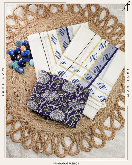 PRINTED KERALA COTTON SET MUNDU WITH BLOUSE