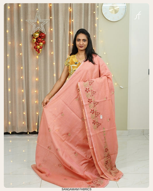 CHANDERI SILK EMBROIDERY WITH CROCHET LACE DETAIL SAREE