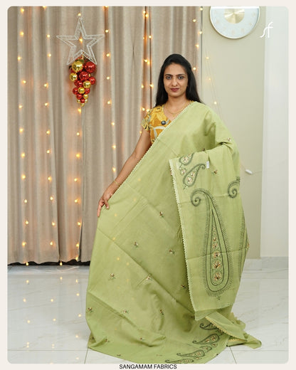 CHANDERI SILK EMBROIDERY WITH CROCHET LACE DETAIL SAREE