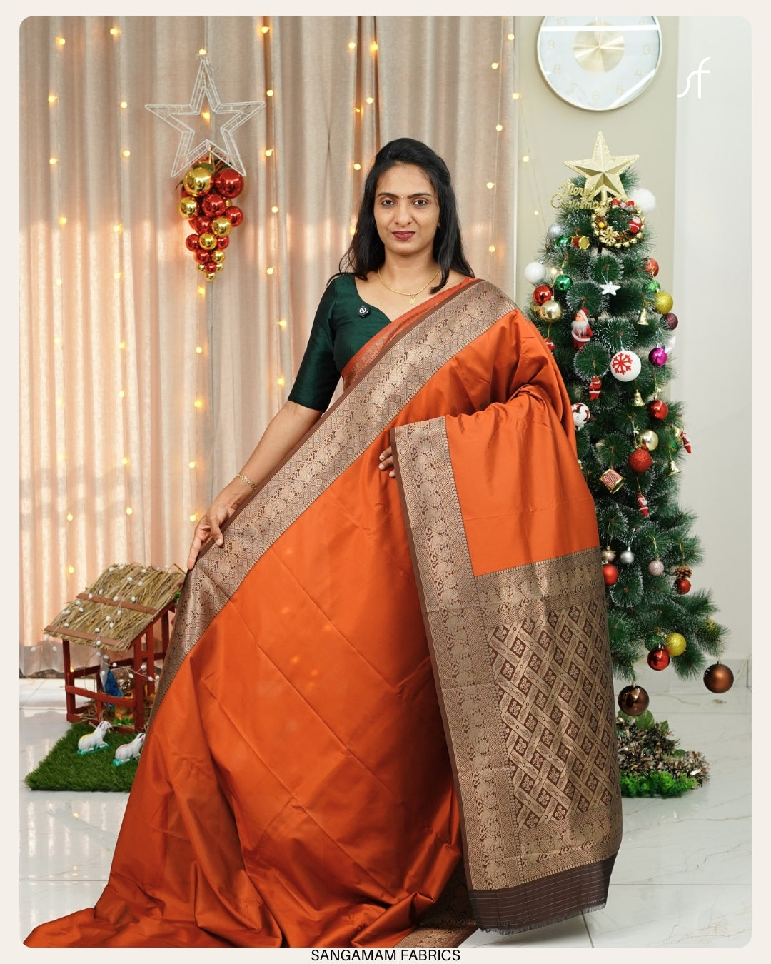 BURNT ORANGE SEMI SILK  SAREE