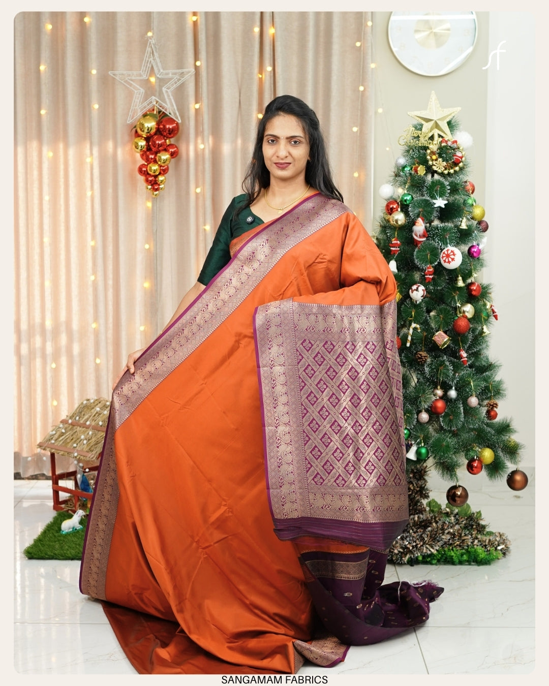 BURNT ORANGE SEMI SILK  SAREE