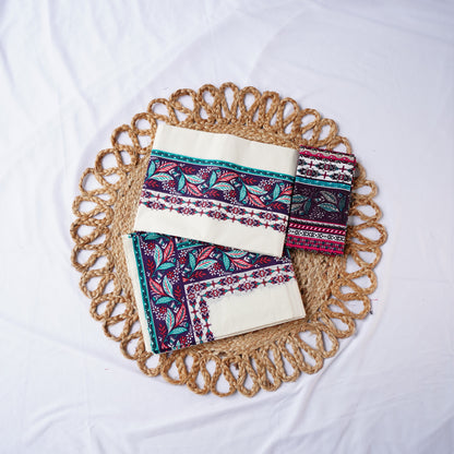 FANCY BORDER SET MUNDU WITH PRINTED BLOUSE