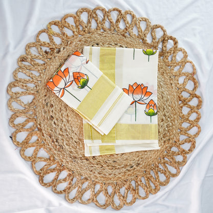 LOTUS PRINTED KERALA COTTON SET MUNDU