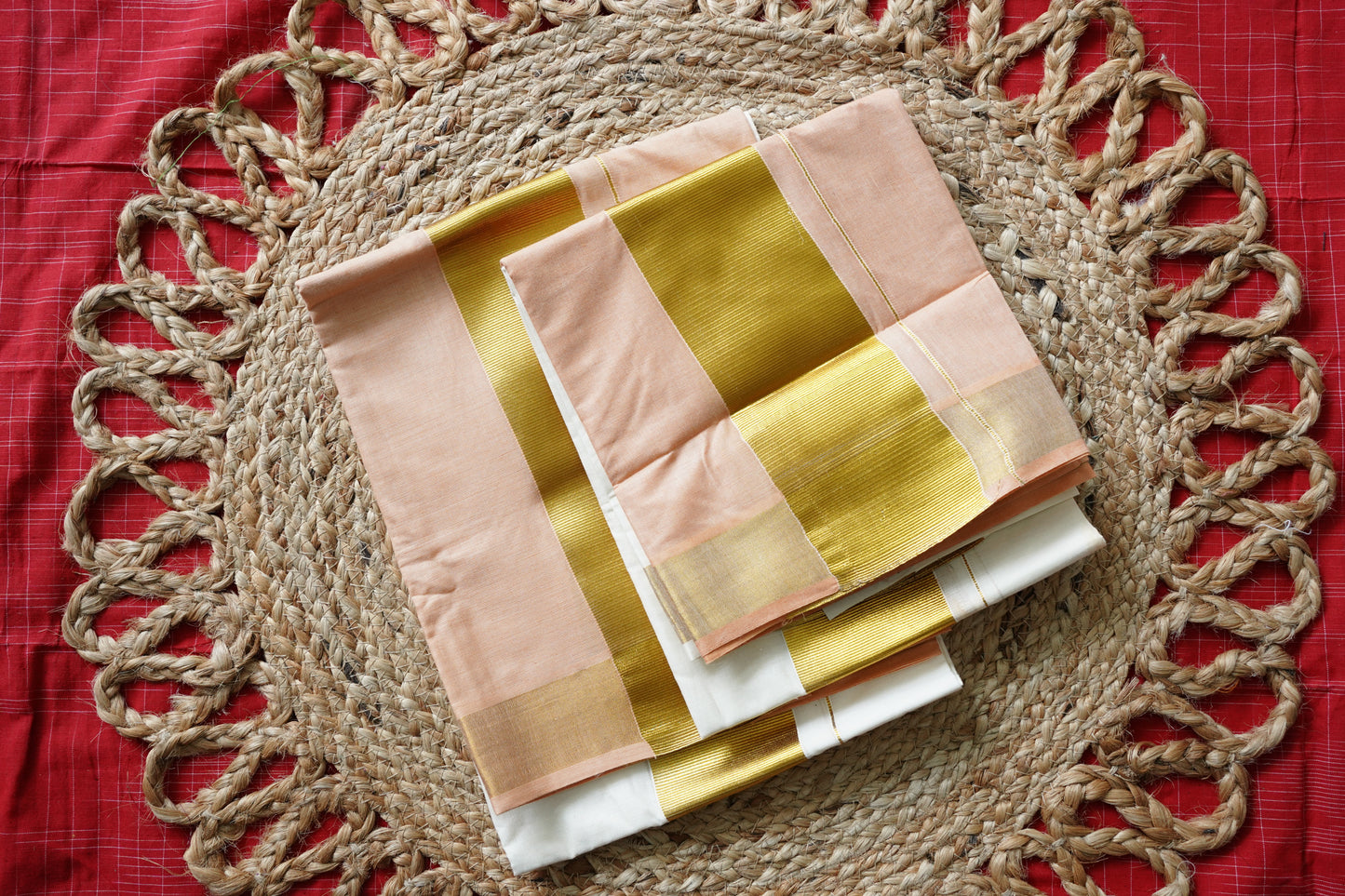 LIGHT PEACH TIE AND DYE KERALA COTTON SETMUNDU