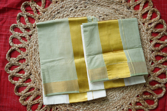 DUSTY GREEN TIE AND DYE KERALA COTTON SETMUNDU