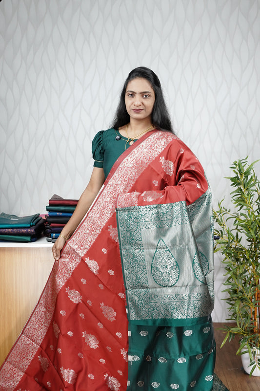 CONTRAST PATTEN SILVER BUTTA SEMI SILK SAREE