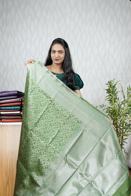 OLIVE GREEN BROCADE SEMI SILK SAREE