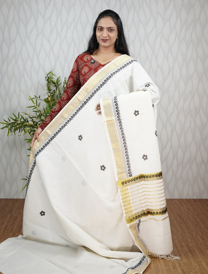 KERALA COTTON SETSAREE FANCY LINE PATTERN PALLU WITH PRINT