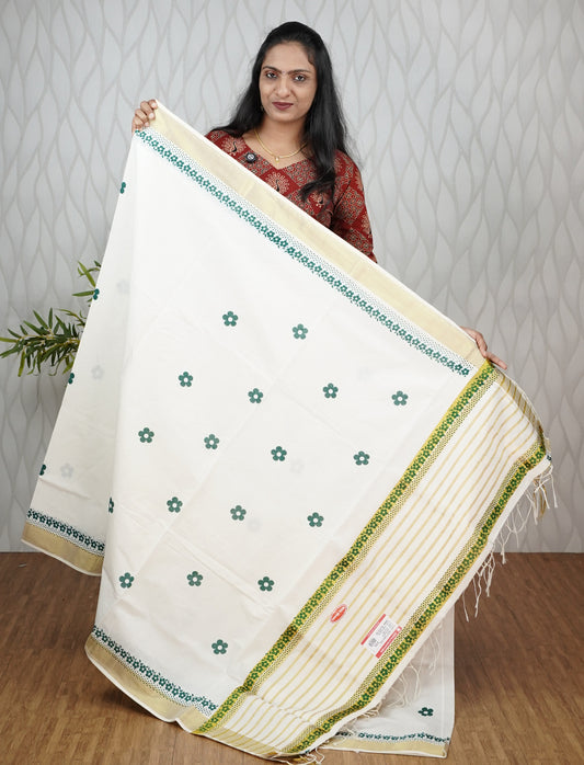 KERALA COTTON SETSAREE FANCY LINE PATTERN PALLU WITH PRINT