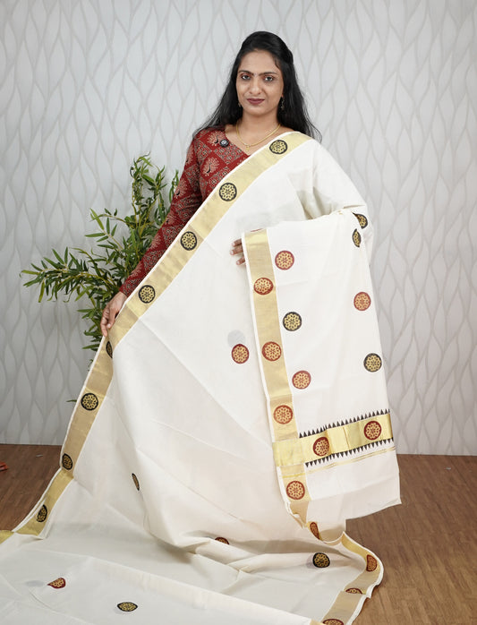 KERALA COTTON SETSAREE KASAV BORDER WITH PRINT