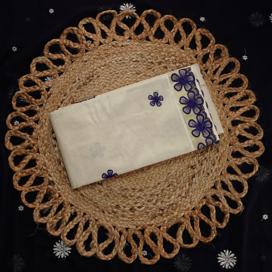 BLUE FLORAL WORK TIISUE SETSAREE WITH SCALLOP EMROIDERY BORDER