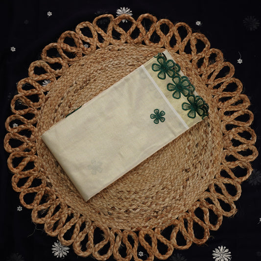 BOTTLE GREEN FLORAL WORK TIISUE SETSAREE WITH SCALLOP EMROIDERY BORDER