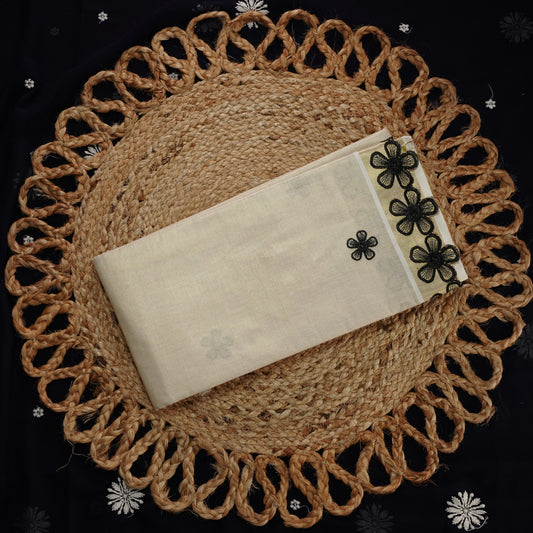 BLACK FLORAL WORK TIISUE SETSAREE WITH SCALLOP EMROIDERY BORDER